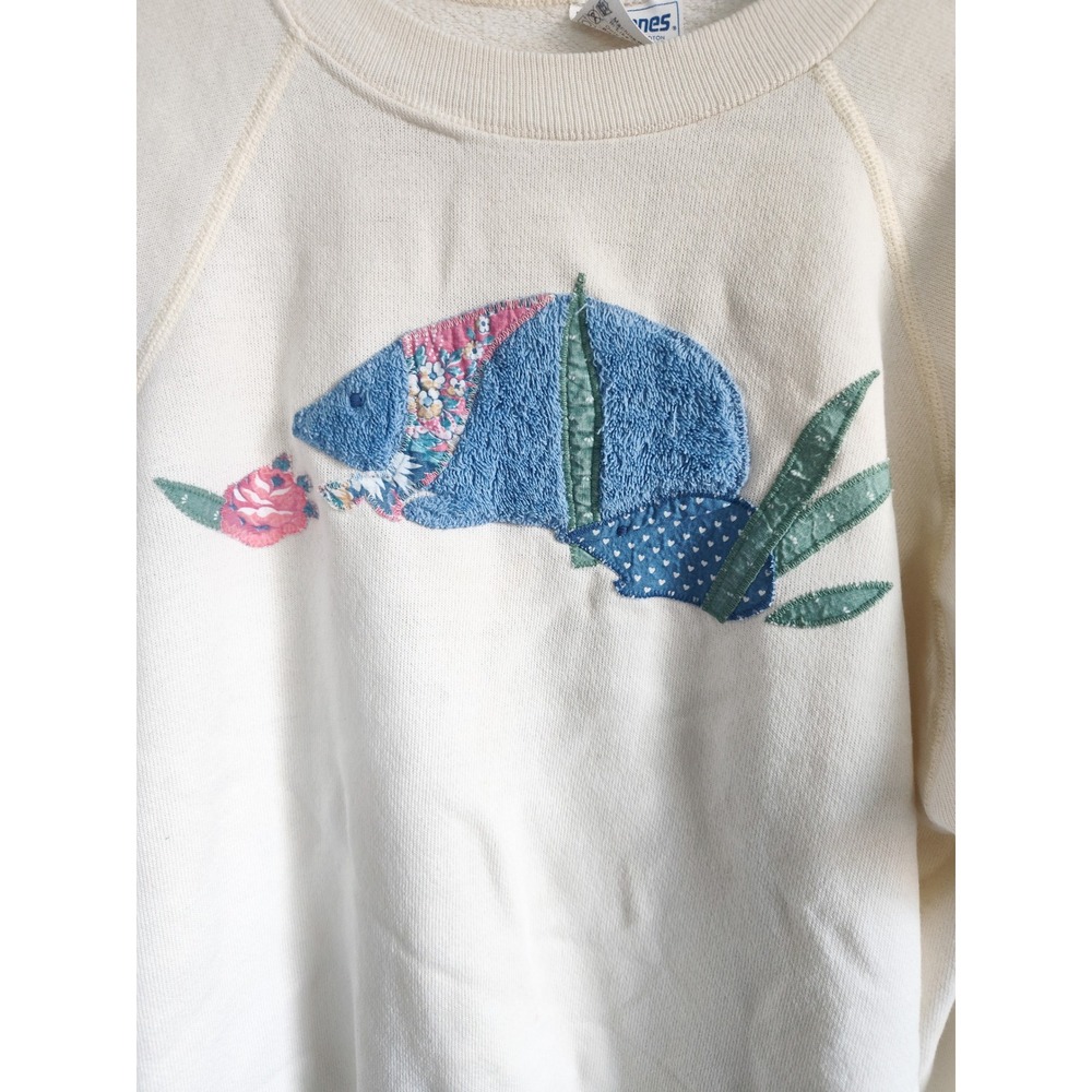 Vintage Sweatshirt Large Cream 80s Patchwork Hedgehog Applique Blue Pink‎ USA - Picture 3 of 7